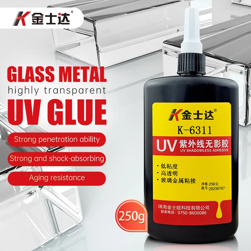 Pegamento adhesivo de curación UV K-6311 para unión de vidrio a Metal, alta resistencia, curado rápido, 3s, baja viscosidad, resistente al agua para manualidades de baño
