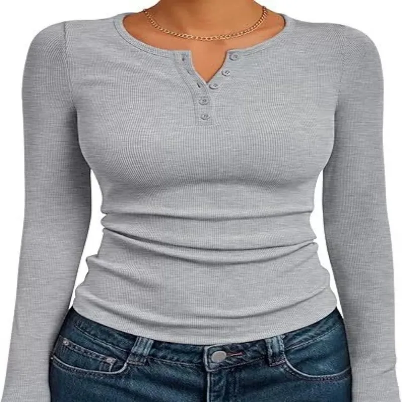 Frauen Herbst Frühling Top O Neck Button Langarm Shirts Einfarbig Slim Fit Pullover T-shirt Bluse Einfache Stil Dame Kostüm – Detail 16