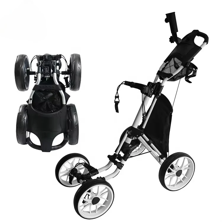 Factory Custom Your Logo Aluminum Folding Golf Trolley 4 Wheels Golf Push Pull Cart Compact Walking Golf Bag Cart with One-Click
