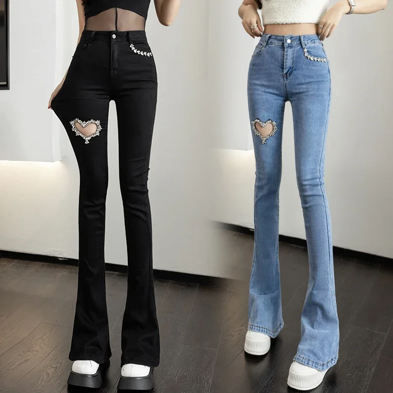 Hollow Rhinestone Love Stretch Jeans Women Flare Pants Spring/Summer 2024 New Horseshoe Pants Pantalones Vaqueros Mujer Jeans