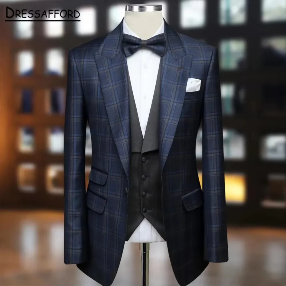 Dark Blue Checked Men's Suits Fashion 2 Pieces Sets Groom Prom Blazers Decoration Tuxedos Men