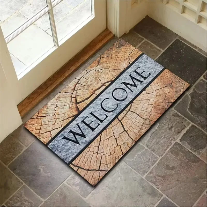 Welcome Theme Door Mat With Retro Natural Wood Stone Woven Geometric Patterns Soft Decorative Entryway Rug For Front Door Decor