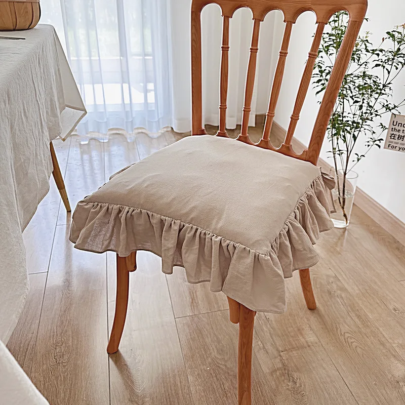 Lace cushion French pure cotton breathable dining chair, removable and washable, fabric thickened strap cushion cover