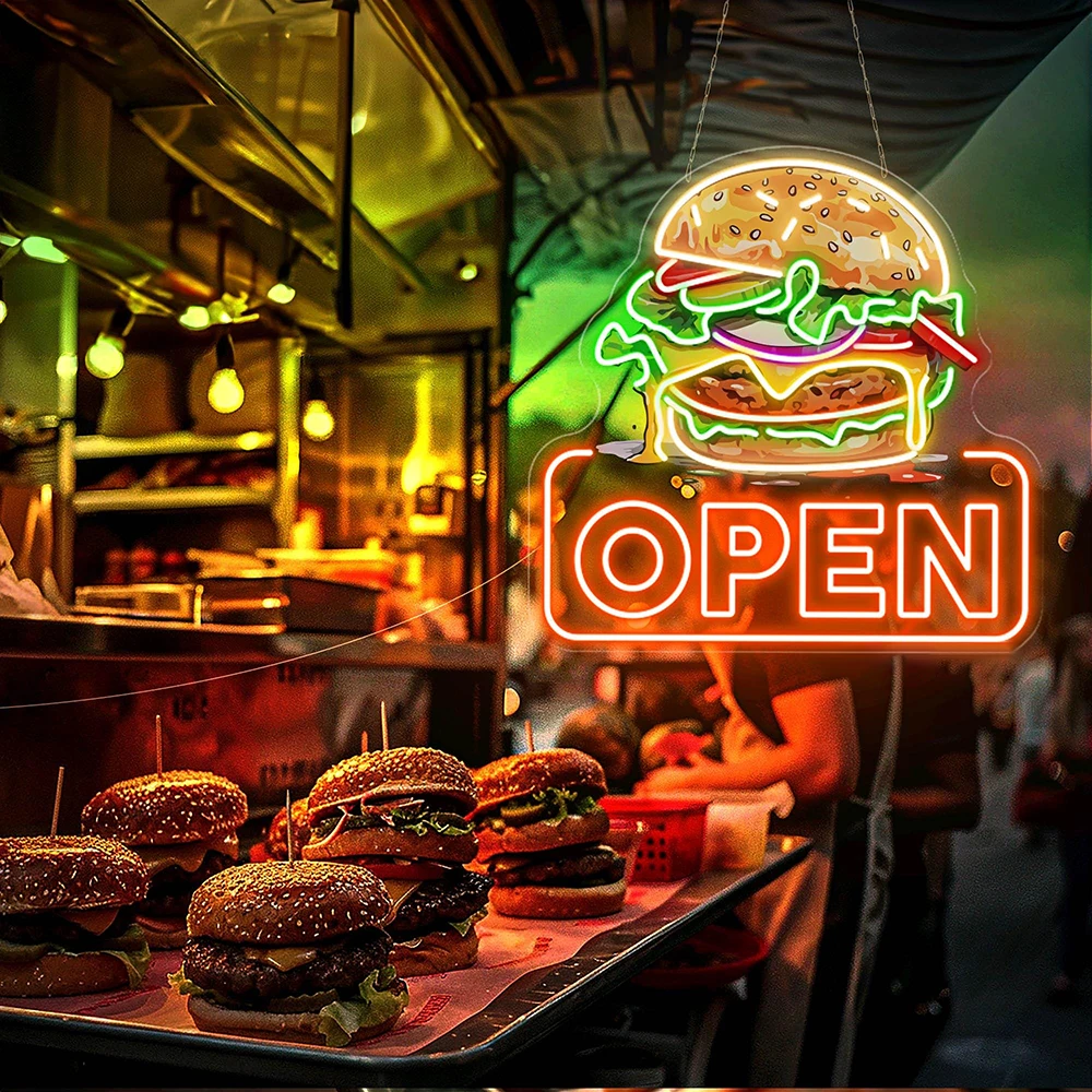 Burger Open Neon Sign Outdoor Business Sign Burger Neon Custom LED Hamburger Neon Light Up Fast Food Restaurant Decor Food Truck