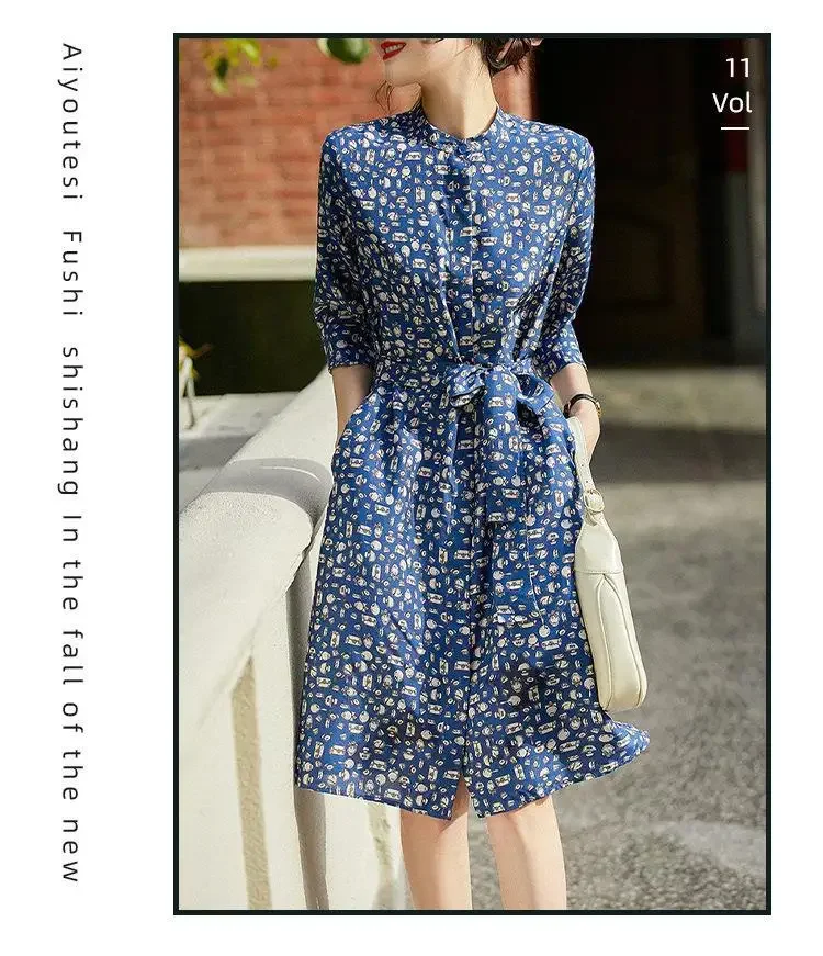 Heavy Silk Dress 2024 Summer New Printed Stand-up Collar Silk Shirt-style Women Dress Mulberry Silk Dress Summer