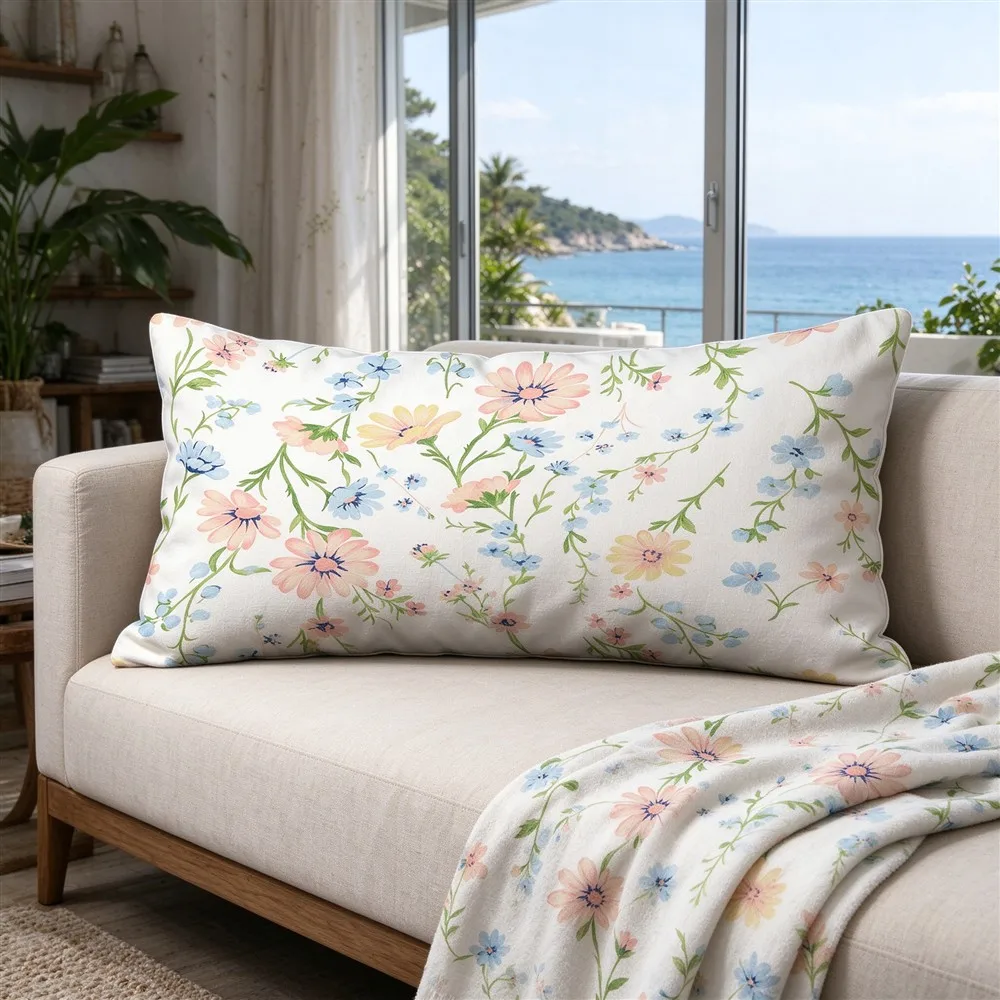 Blue Green Ocean Ditsy Print Long Pillow Cover, Coastal Style, Loft Decorative, Polyester, Thank You Gift, Plush Feel, Chic