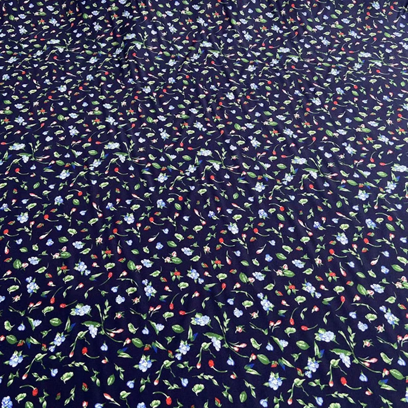 114CM Wide Tiny Floral Printed Dark Blue Silk Crepe de Chine Fabric for Summer Dress Pants Silk Tissue for DIY Sewing C001-28