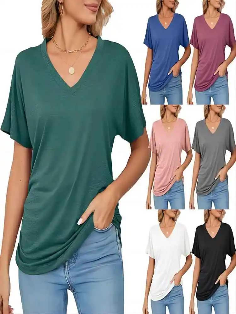 

Dropshiping New Casual Pullover V-Neck Solid Color Loose Ladies Tops Women'S Short Sleeve Pleated T Shirts Summer Loose Fit