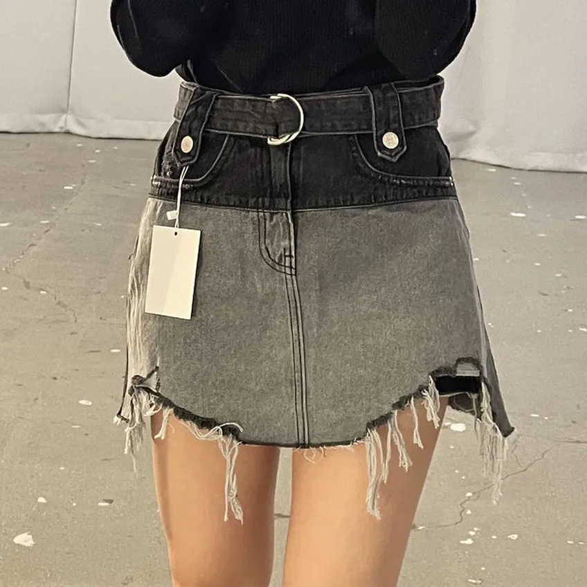 

Trendy Washed Denim Half-length Skirt for Women with Belt A-line Asymmetrical Hem Short Skirt High Waist Cotton Blend