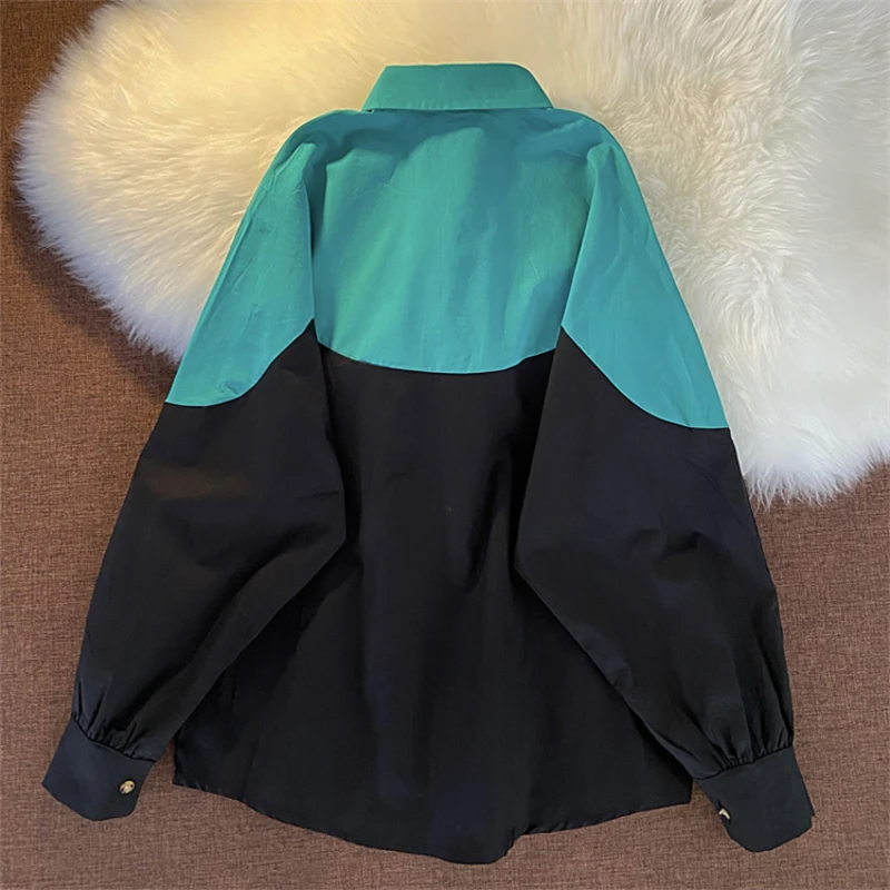 DAYIFUN American Fashion Shirts Women Contrasting Color Patchwork Design Blouses Spring Autumn Thin Ins Casual Long Sleeve Top
