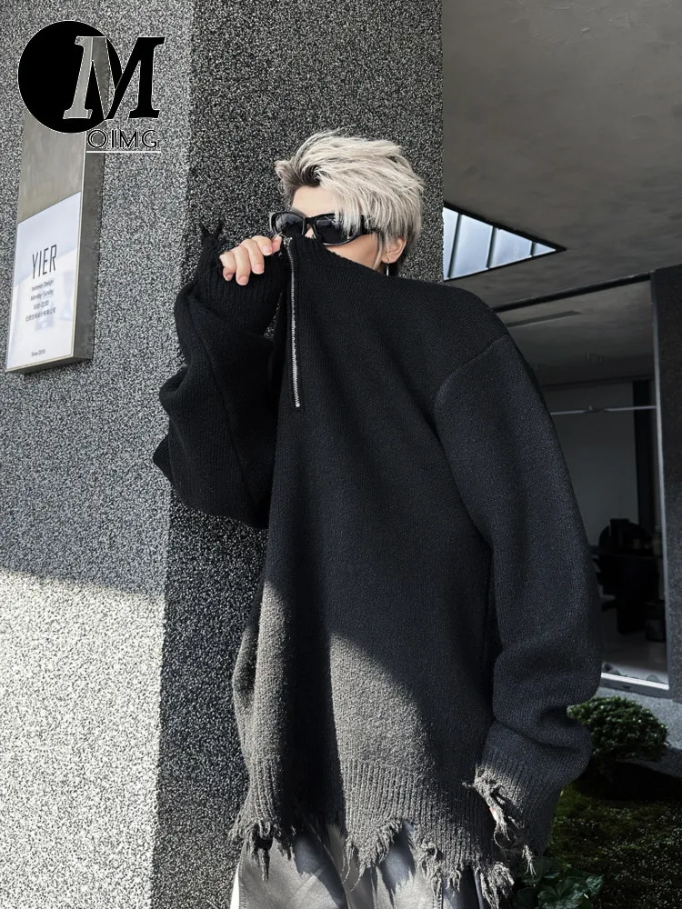 [OIMG] American High Street Damaged Corrupt Half Zipper Sweater, Niche High-end Design, Cool And Trendy Knit