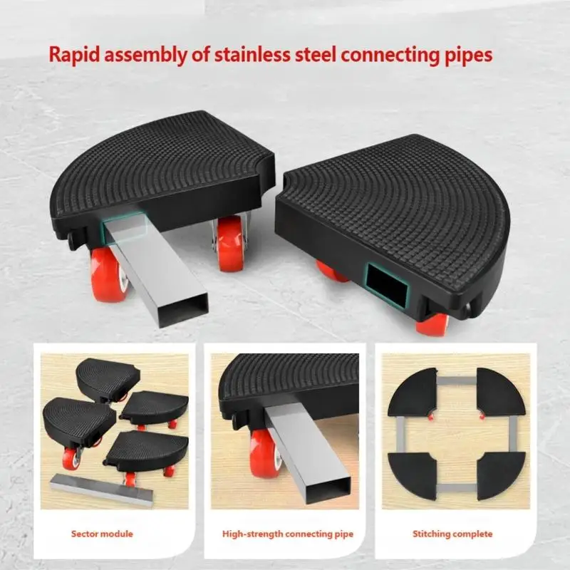 Rundes bewegliches Möbelsockel-Set mit vier fächerförmigen Rollstützen, Griffstruktur und roten Rollen für den Einsatz D2RD – Detail 9