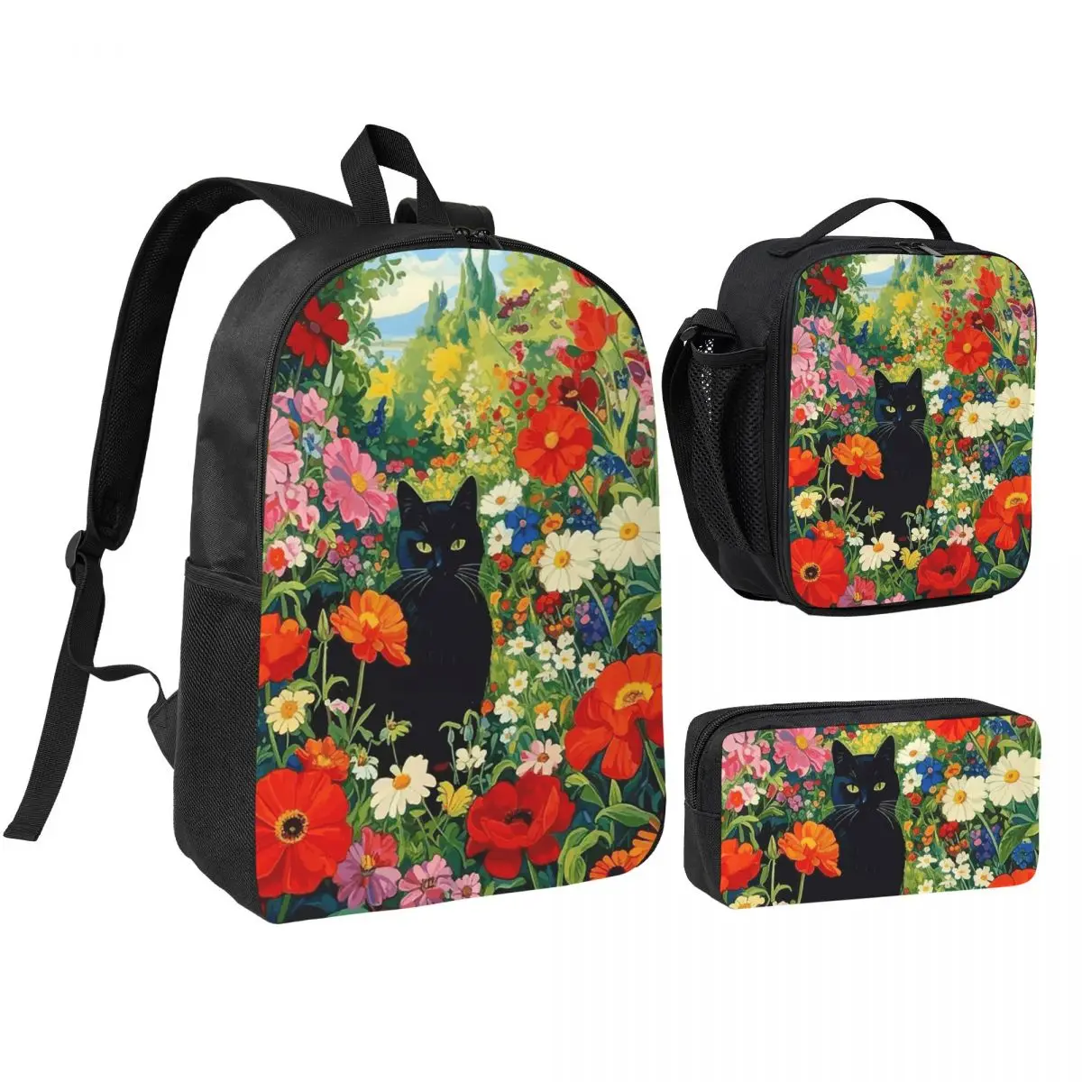 Black Cat In Klimt Flower Garden Backpack Student BookBag School Bag Shoulder Bags 3ps Insulated Lunch Bag Pencil Case
