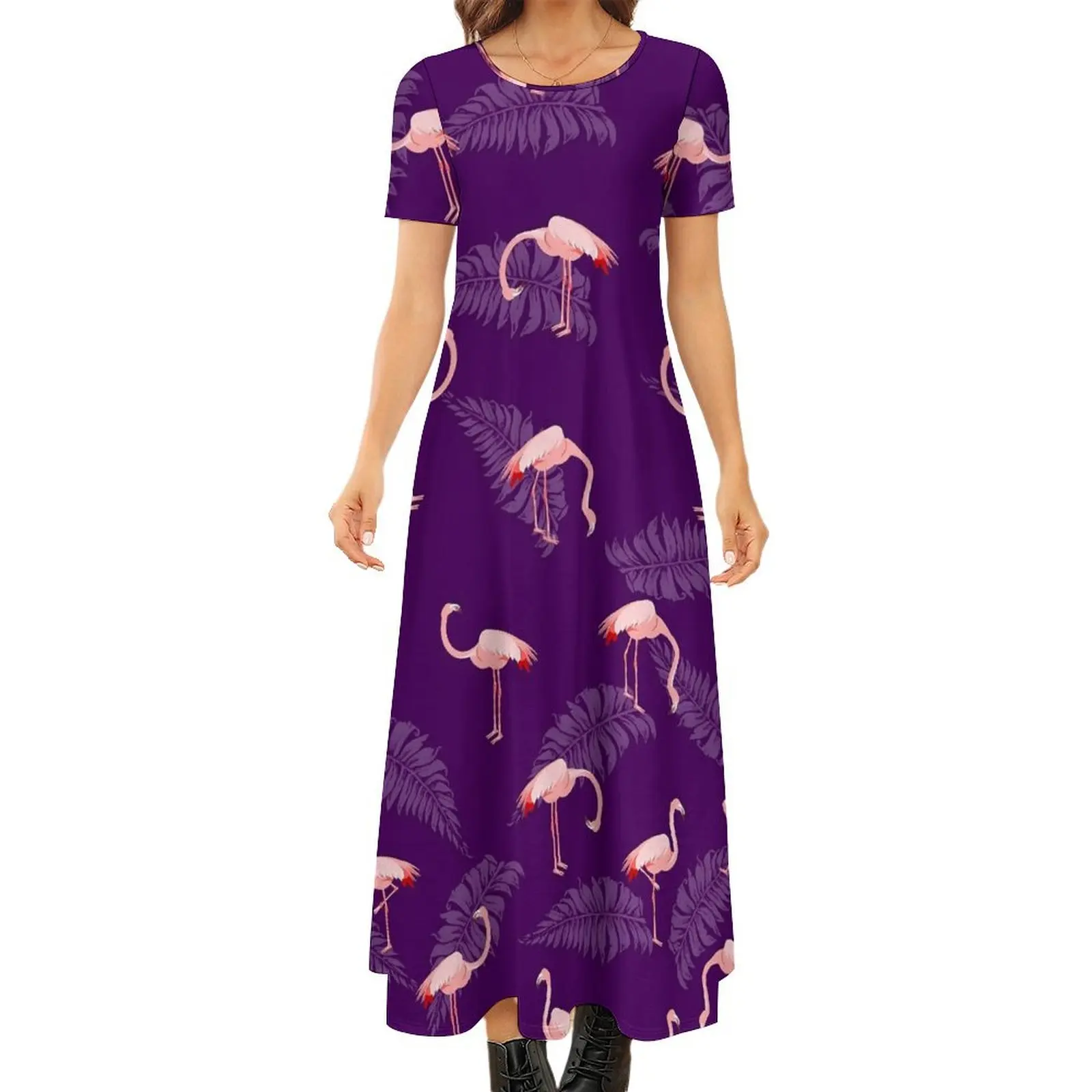 

Bird And Leaf Dress Pink Flamingo Elegant Maxi Dress Aesthetic Bohemia Long Dresses Female Short Sleeve Oversize Vestido