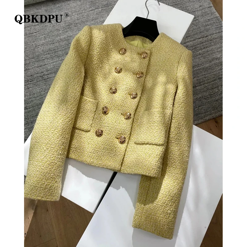 Jaket Crop Tweed Berkancing Dua Baris Elegan Mantel Berkualitas Tinggi Lengan Panjang Kuning Antik Wanita Atasan Pakaian Luar Pendek Chic Korea