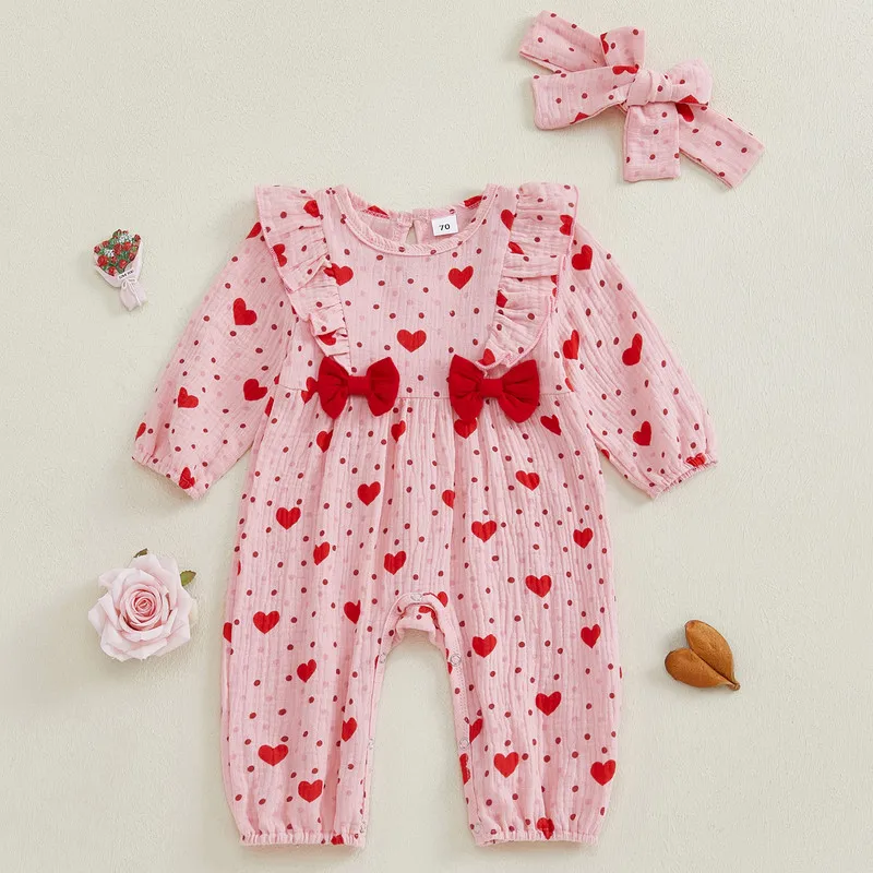 0 to 12 Months Baby Girl Valentine’s Day Outfits Long Sleeve Heart Dots Ruffle Jumpsuit with Headband Set Newborn Clothes