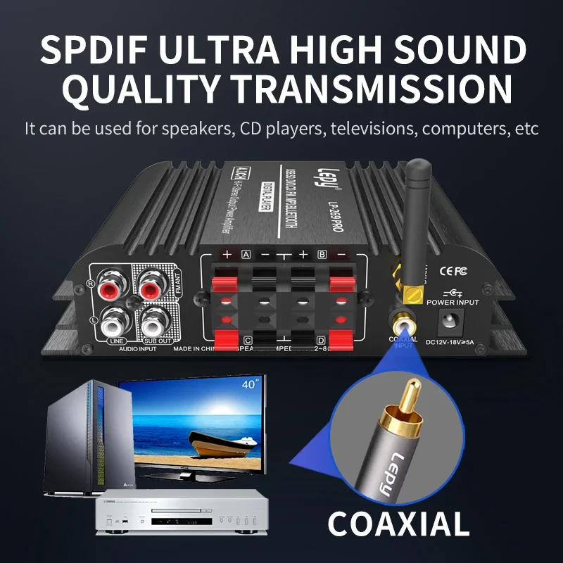 LP-269PRO With Coaxial Input Bluetooth 5.0 Power Amplifier High Power 4.1 Channel 58Wx4+Subwoofer Out USB SD FM Function