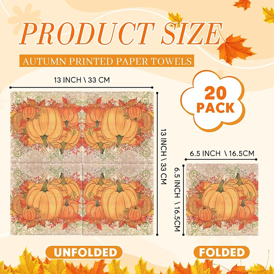 Vintage Fall Harvest Decorative Paper Napkins Pumpkin Maple Leaf Print Disposable Napkins for Decoupage Craft Home DIY Supplies