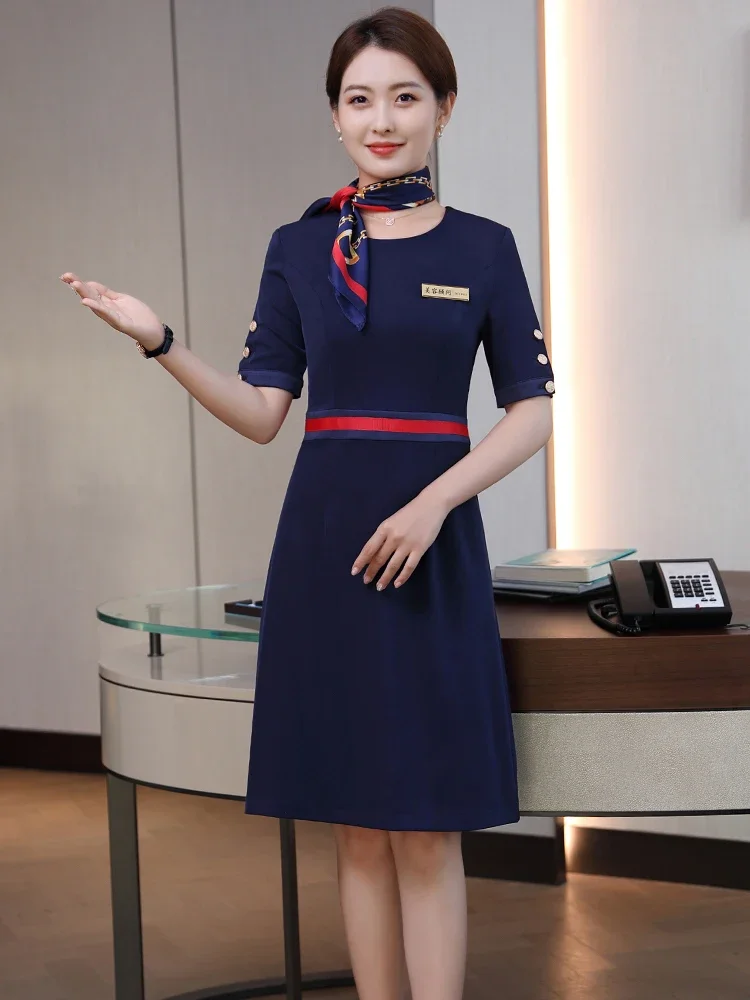 New Women's Airline Flight Stewardess Summer Short Sleeve Hotel Recipient's Overalls Single Breasted Dress Aviation Uniforms