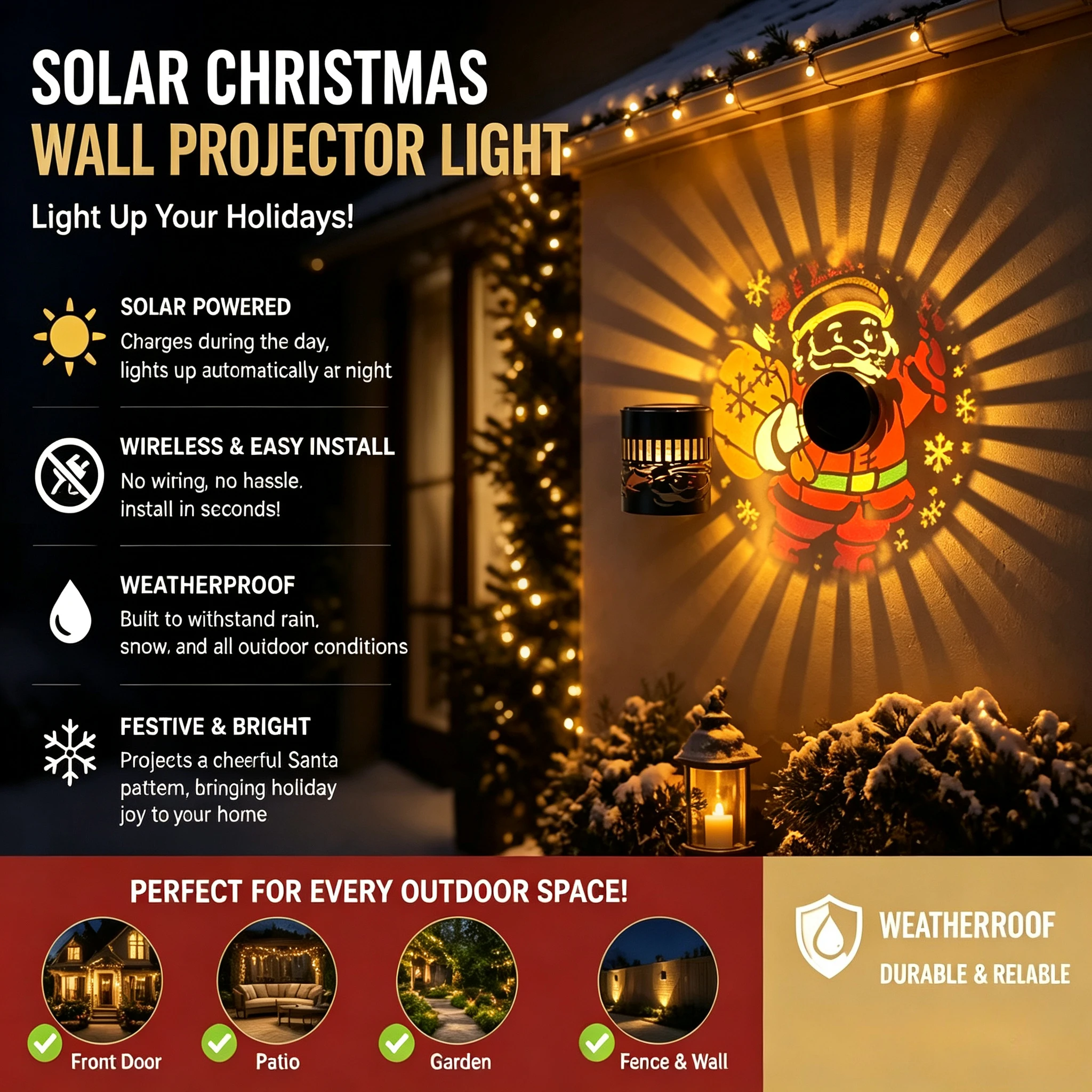 Santa Claus Projection Lamp Solar Outdoor Wall Light Christmas Iron Art Garden Decorative Wall Lamp for Yard Courtyard Xmas Gift