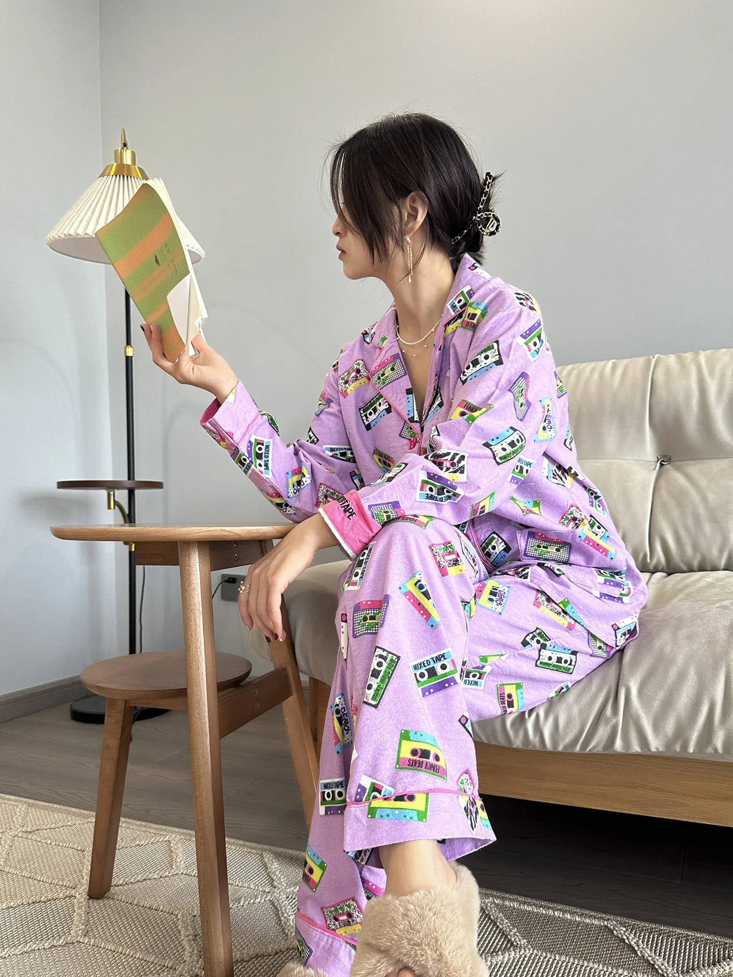 Damen Niedlicher Cartoon-Druck 100% Baumwolle Gebürstetes Pyjama-Set Frühling Herbst Langarm-Oberteil Lange Hose 2-teilig Loungewear Homewear – Detail 29
