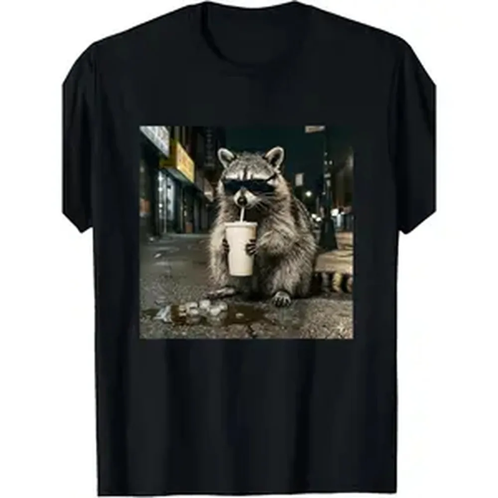 Raccoon Drinking Soda Funny Meme T-Shirt | Vintage Crew Neck, Slight Stretch Fabric, Regular Fit, All-Season Drawing Pattern For Adults