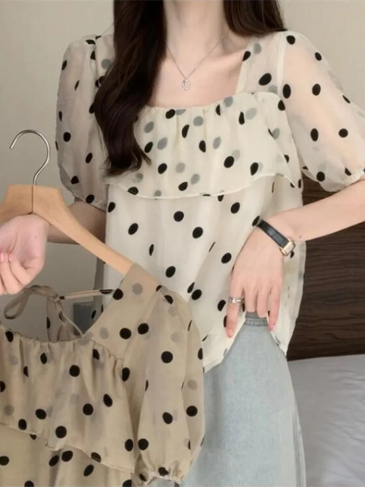 

Elegant Square Collar Polka Dot Chiffon Short Sleeve Shirt Women Summer Loose Bubble Sleeve Top Doll Shirt Commute Style
