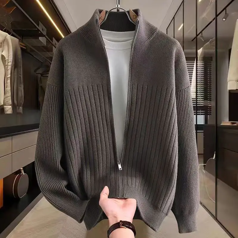 

Men's Vintage Stand Collar Knitted Sweater Zipper Design Casual Loose Fit Winter Warm Laid-ba Sle Striped Open Cardigan