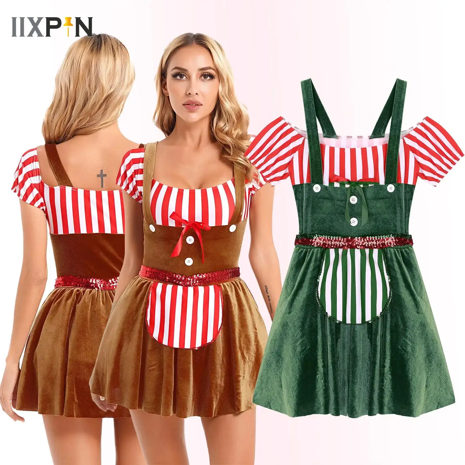 

Womens Christmas Halloween Gingerbread Man Role Play Costume Stripe Velvet Dress Short Sleeve Wide Shoulder Straps Cookie Dress