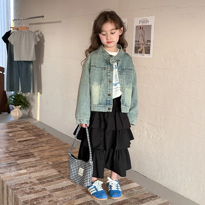 

Верхняя одежда для девочек, весна-осень, корейская версия, повседневная джинсовая куртка в западном стиле со свободным воротником, ретро, повседневная темпераментная повседневная одежда