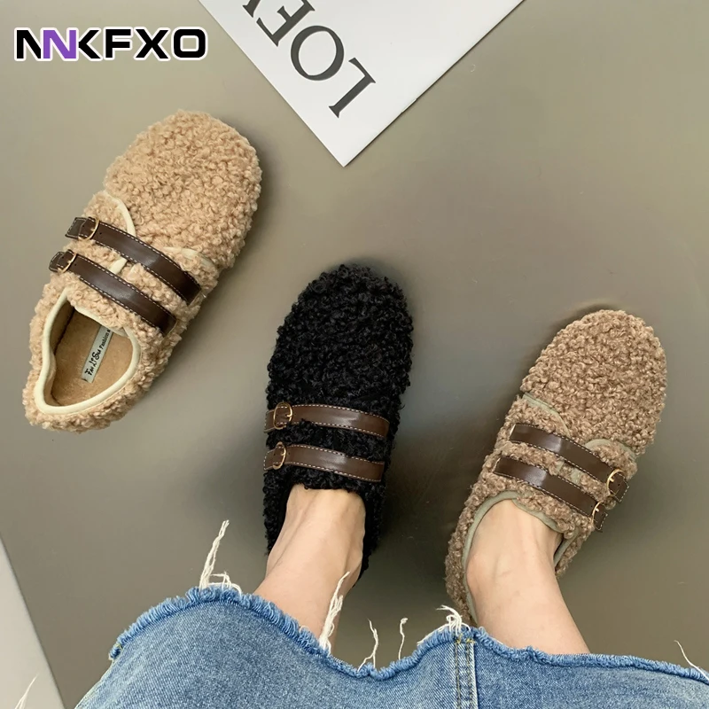 

Moccasins Femme Metal Buckle Belt Plush Flats Warm Cotton Loafers Curly Sheep Fur Mary Janes Winter Shoes Women Vc4409