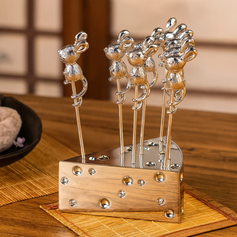 Valentine's Day Mouse Shaped Cheese Fork Stainless Steel Cute Cartoon Dessert Skewers Romantic Party Accessory