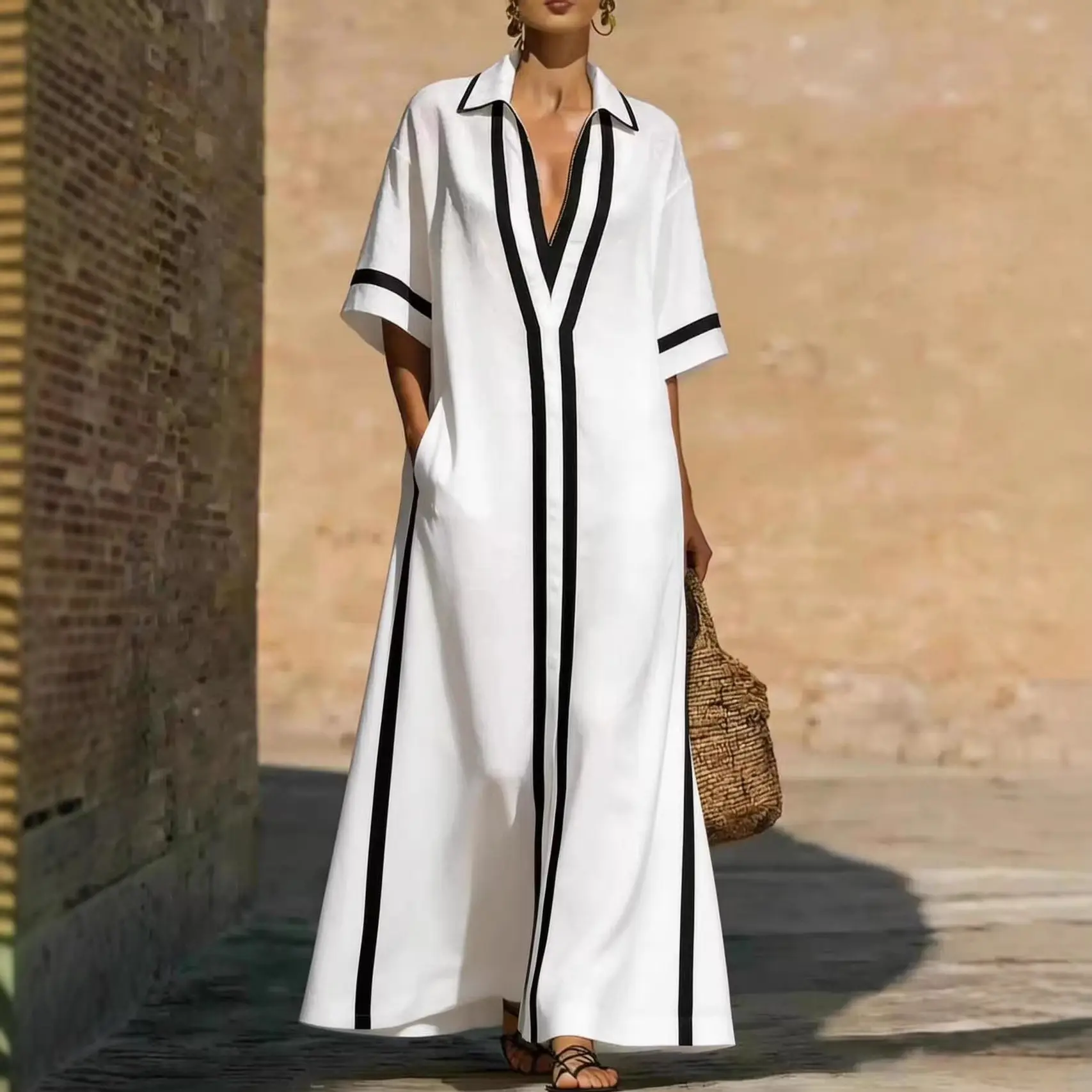 

Fashion Colourblock Maxi Dresses Women Casual Deep V-neck Short Sleeve Loose Dresses Summer Elegant Party Dress Vestidos