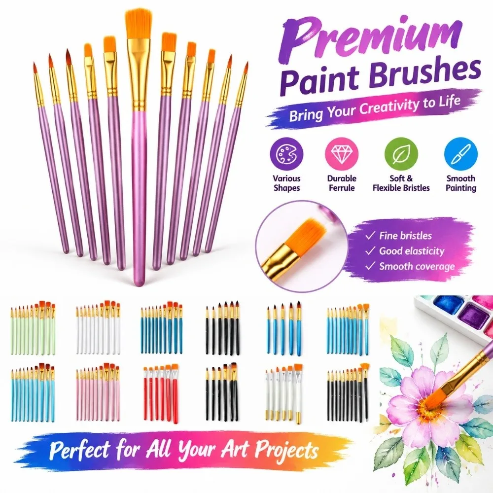 10Pcs Artist Paint Brush Set Soft Nylon Hair Comfortable Grip Detail Liner Brushes Hold Paint Well Lightweight Handle