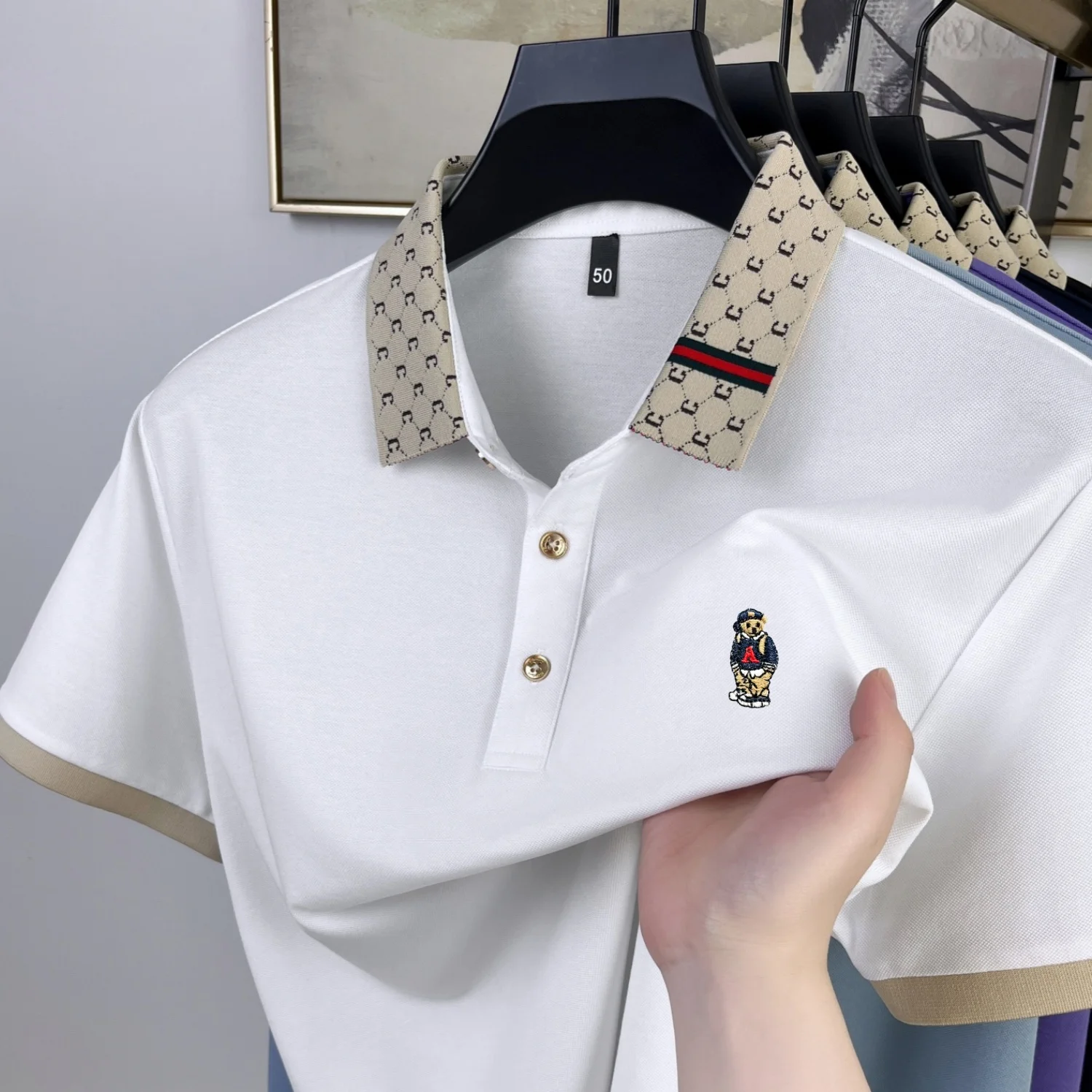 

Men's cartoon bear boutique embroidered polo shirt high-quality brand short sleeve top summer comfortable breathable new T-shirt
