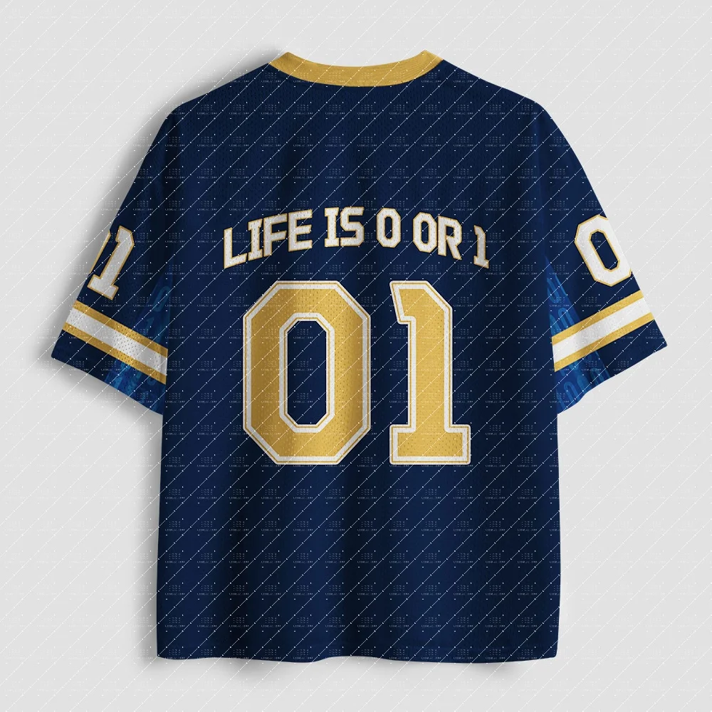 V Neck Football Jersey Binary Code Background Large Number 01 Letter Print Blue Gold White Striped Sleeve Loose Sport Tee