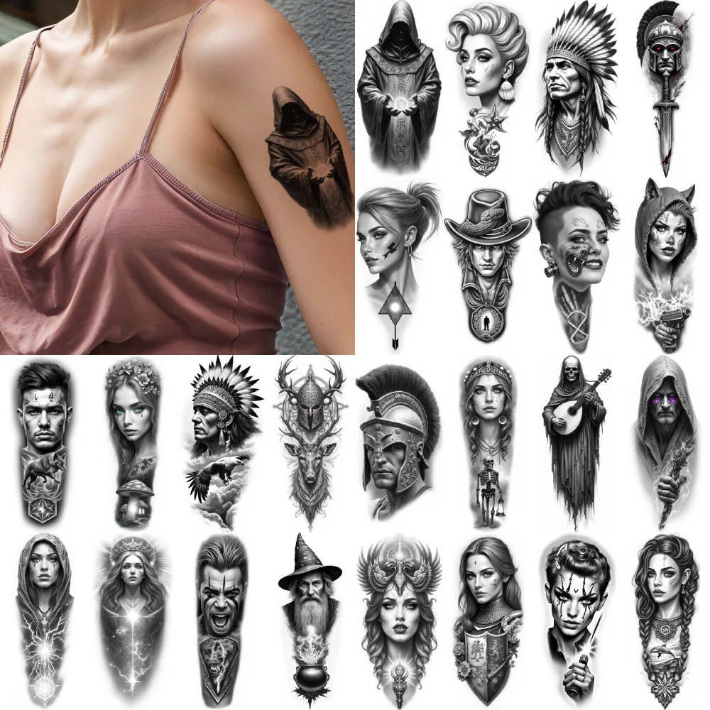 12pcs Temporary Tattoo Black And Grey Realism  Hooded Figure Tattoo Animal Skull Tattoo Mythical Warrior Tattoo For Men
