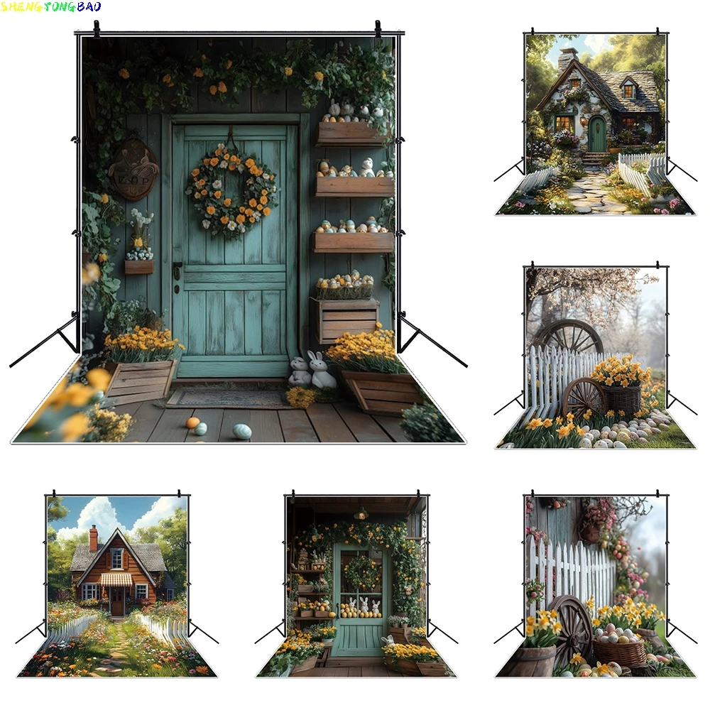 

Spring Flower Gate Easter Photography Backdrop Egg Bunny Garden Fence Log Cabin Happy Easter Party Background Photo Studio Props