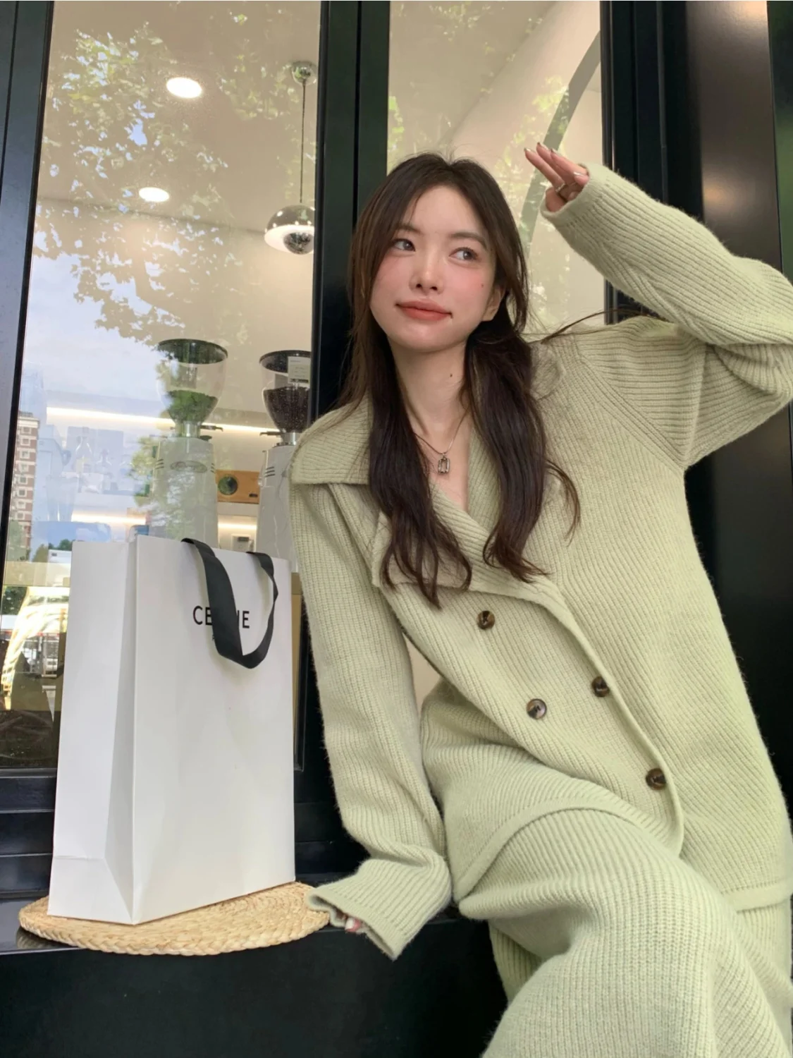 2024 Green Sweet Trendy Set for Women Autumn/Winter Retro Double Breasted Knitted Coat High Waist Split Half Skirt Two-piece Set