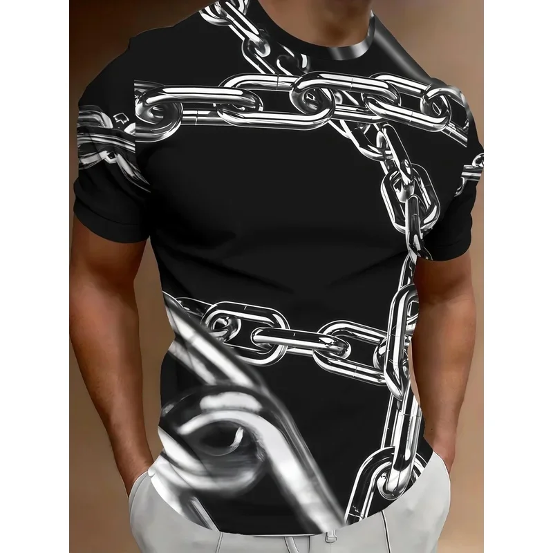 Men's Casual Short-Sleeve T-Shirt with Round Neck and Silver Metallic Chain with 3D Optical Illusion