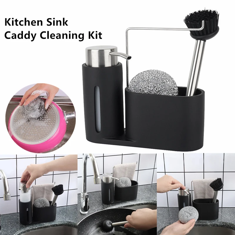 

Kitchen Sink Caddy Cleaning Kit Soap Dispenser Steel Ball Brush Rag Storage Holder For Kitchen Organizing