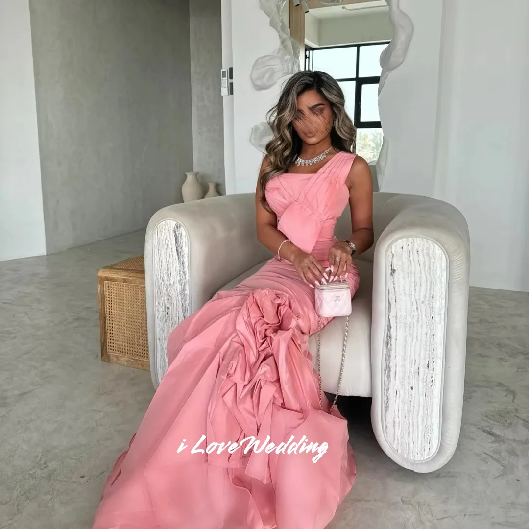 ชุดราตรีออกงานสีชมพูแบบไหล่เดียว ปี 2025 แขนกุด ลายดอกไม้ ทรงเมอร์เมด ชายกระโปรงยาวลากพื้น จับจีบ ชุดงานแต่งงาน สามารถสั่งตัดได้