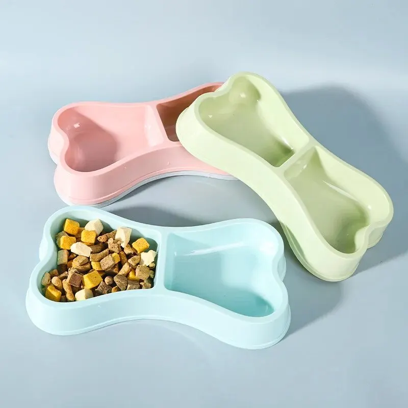 Macaron Colored Bone Shaped Pet Double Bowl For Cat Plastic