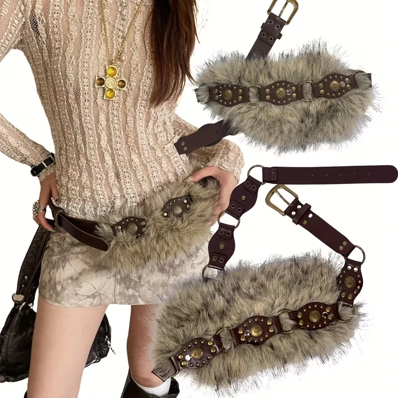

Ремень из искусственной кожи с шипами в стиле панк Y2k, винтажный ремень из искусственного меха со стразами в стиле пэчворк, металлическая плюшевая цепочка на талию, пушистый пояс, джинсовые ремни