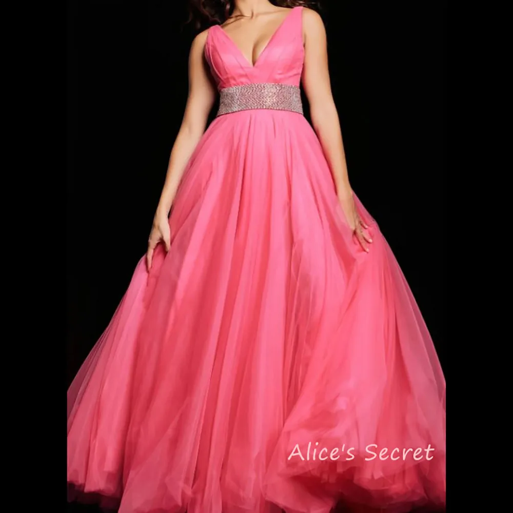 A-Line Sexy Tulle Deep V Neck Sleeveless Pleated High Slit Full Length Prom Evening Gown Robe de Bal