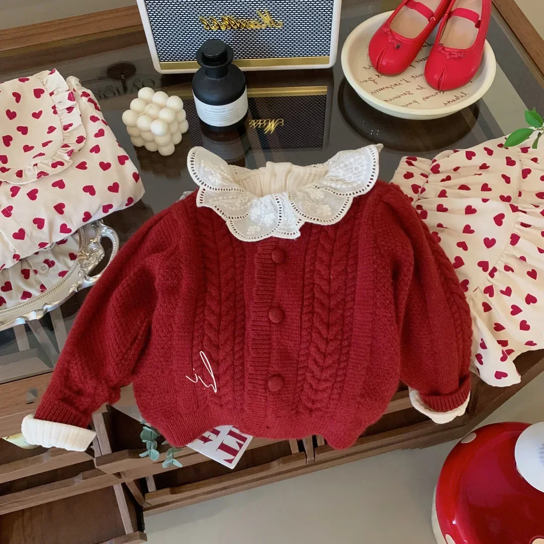 Girls Coat 2024 New Korean Children Knitwear Girls New Autumn Baby Girls Red Children Cardigan Sweater Simple Casual Clothes