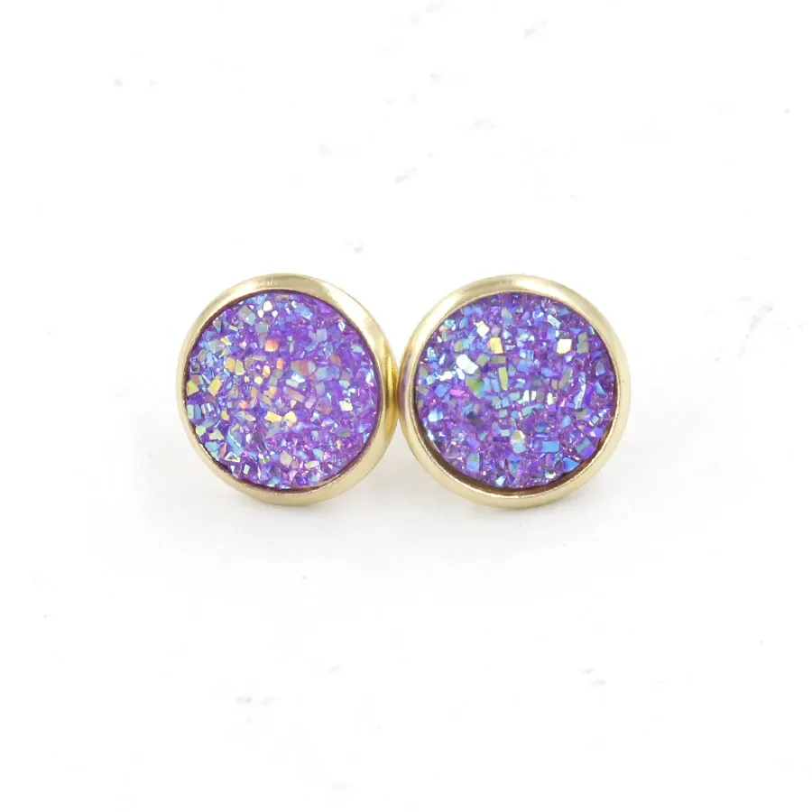 12MM Druzy Drusy Earrings Resin Cabochon Gold Color Stud for Women Men Girl Jewelry Gift