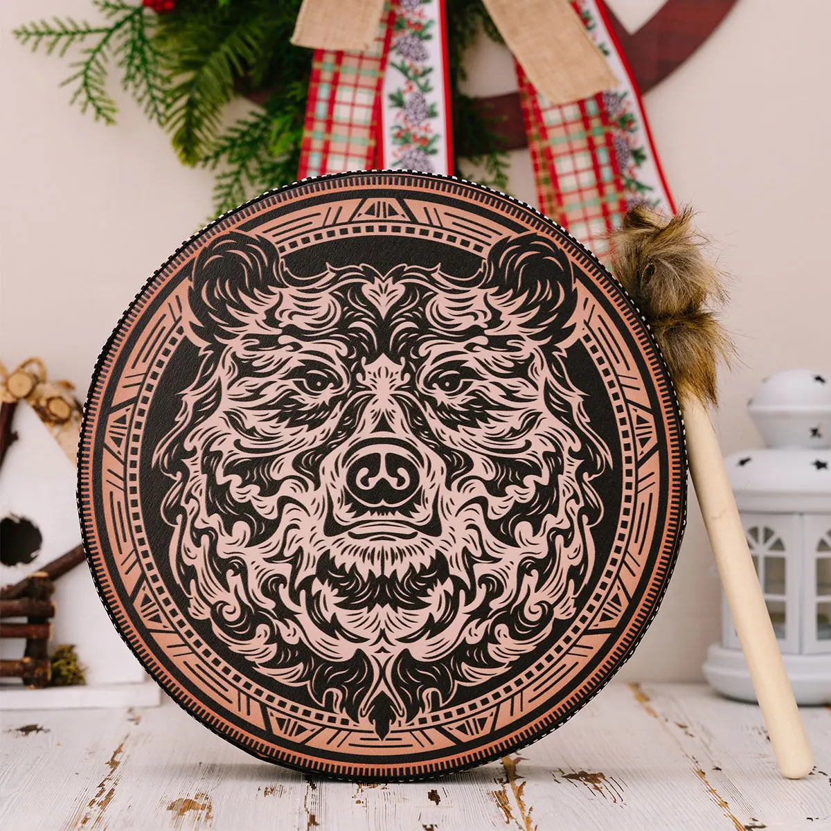 Шаманский барабан, круговой ручной барабан с рисунком медведя, маленькие инструменты с голенькой палочкой для женщин, мужчин, мальчиков, девочек, взрослых, 25 см