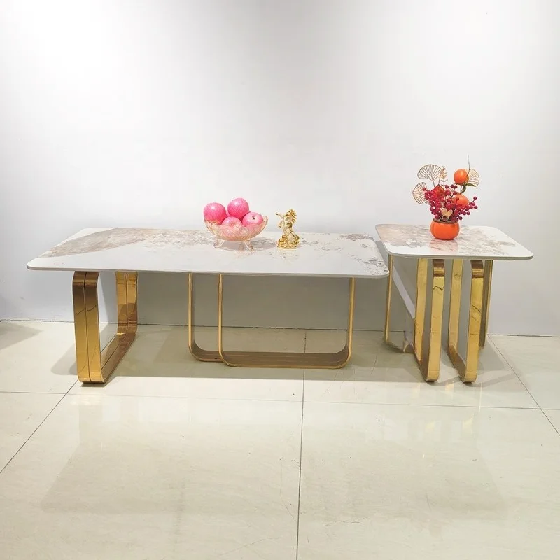 Furniture Smart Italian Luxury Coffee Table Set with Travertine Stone Center Table