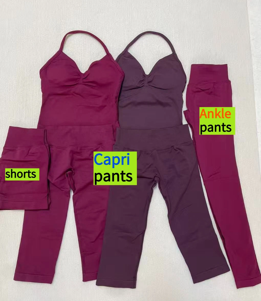 NO LOGO 2Pcs Women's Gym Set Backless Tank Top High Waist Scrunch Capri pants Seamless Fitness Activewear Workout Clothes